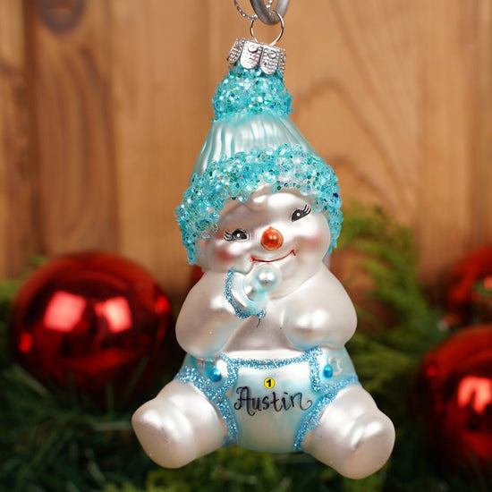 Glass Baby Boy Snowman Christmas Ornament 4.5 inches - Christmas Place