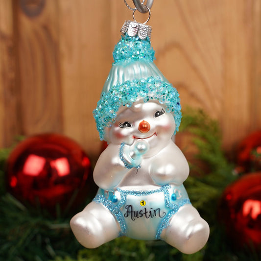 Glass Baby Boy Snowman Christmas Ornament 4.5 inches - Christmas Place