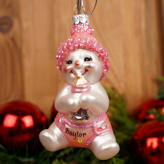Glass Baby Girl Snowman Christmas Ornament 4.5 inches height - Christmas Place