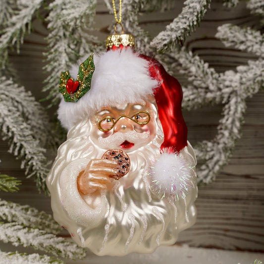 Glass Santa Head With Cookie Ornament - Christmas Place
