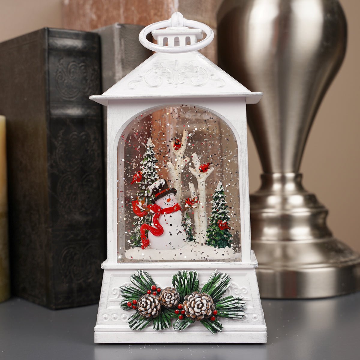 Snowman With Cardinals LED Water Lantern - Christmas Place