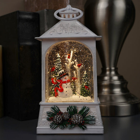 Snowman With Cardinals LED White Water Lantern - Christmas Place