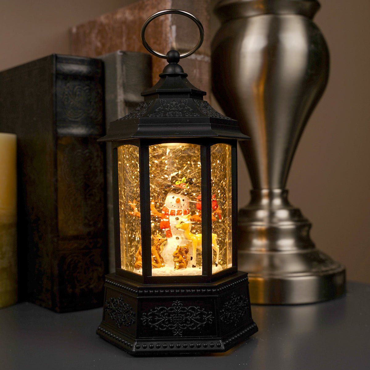 LED Snowman With Animals Black Water Lantern - Christmas Place