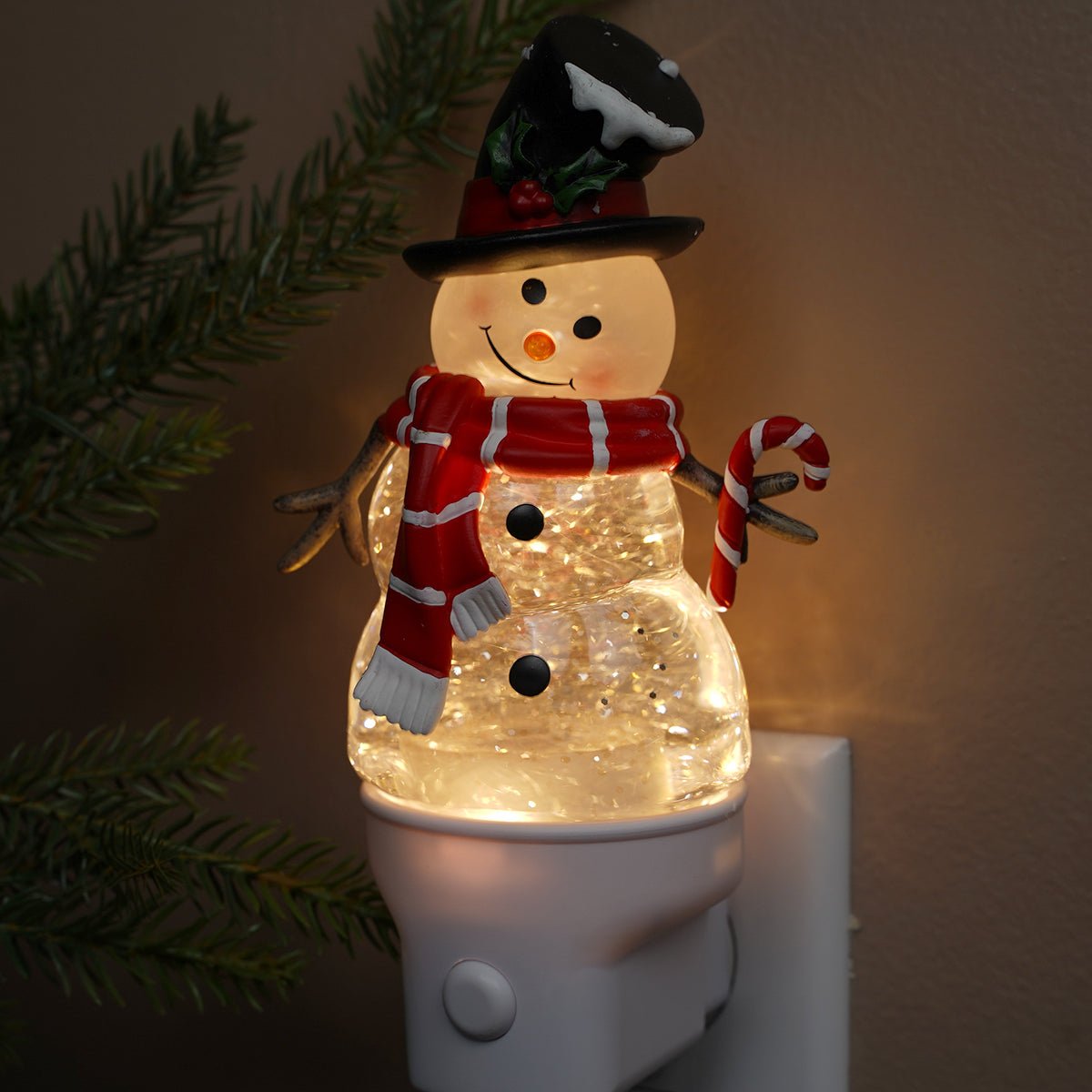 Snowman With Candy Cane Glitter Nightlight - Christmas Place