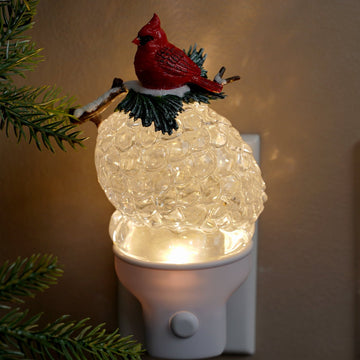 LED Cardinal On Pinecone Glitter Nightlight - Christmas Place