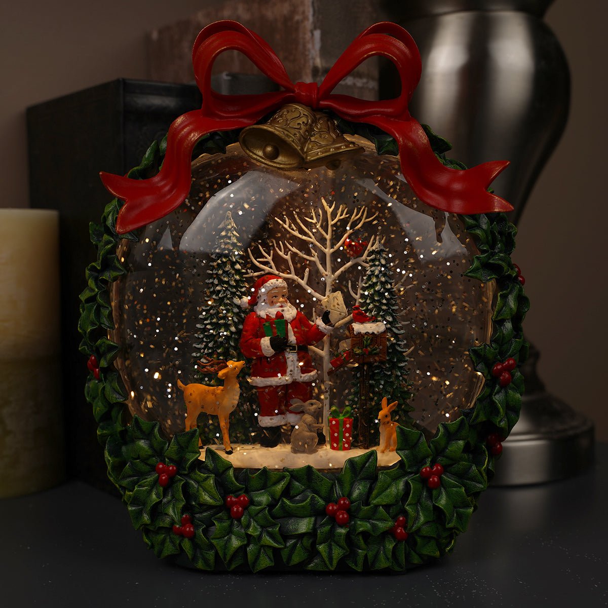 8 inches height Santa With Animals Red Bow LED Snow Globe - Christmas Place