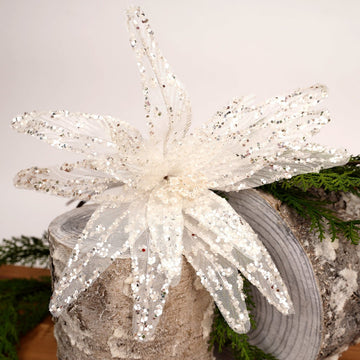 20IN WHITE SHEER SEQUIN POINSETTIA STEM - Christmas Place