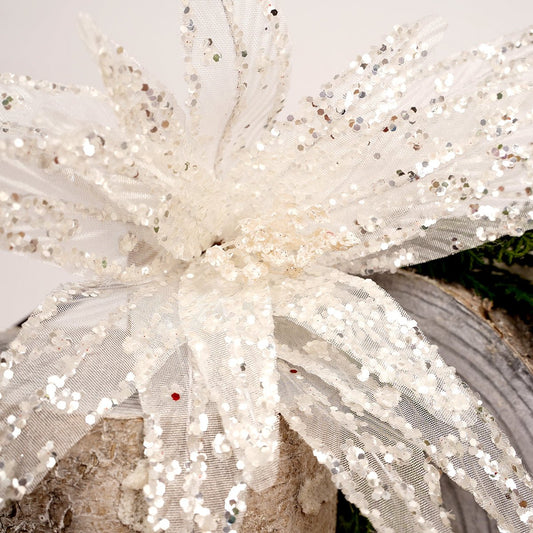 20IN WHITE SHEER SEQUIN POINSETTIA STEM - Christmas Place