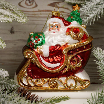5.5IN GLASS SANTA IN SLEIGH ORN - Christmas Place