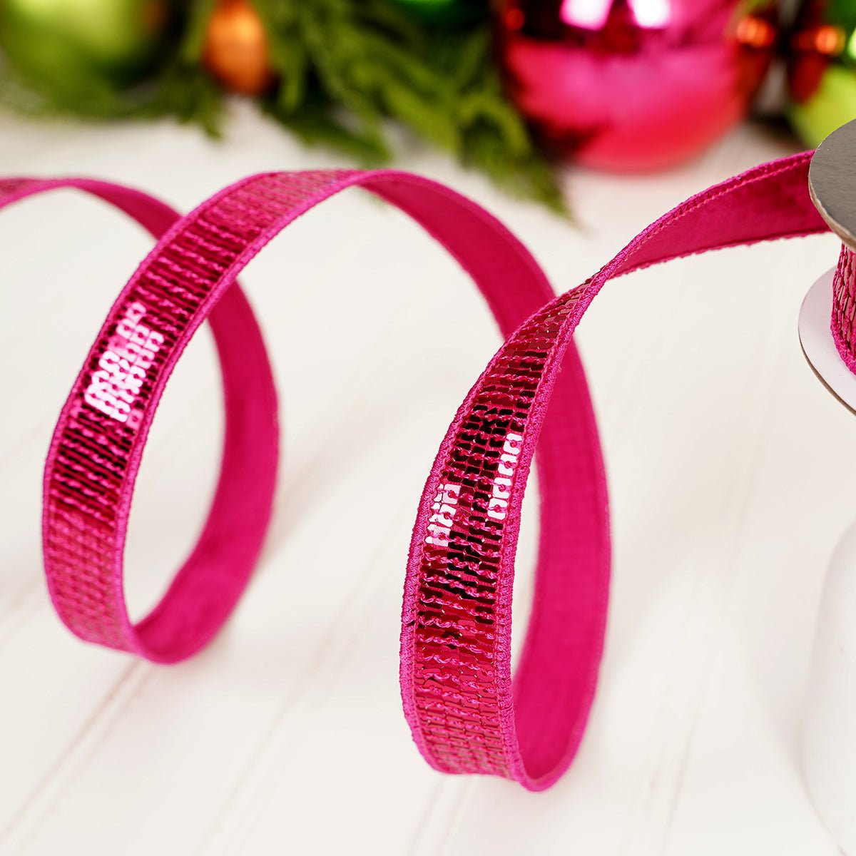 Fuchsia Sequin Wired Edge Ribbon - Christmas Place