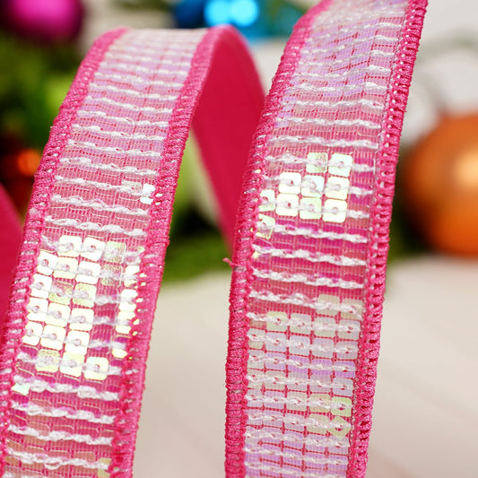 Pink Sequin Wired Edge Ribbon - Christmas Place