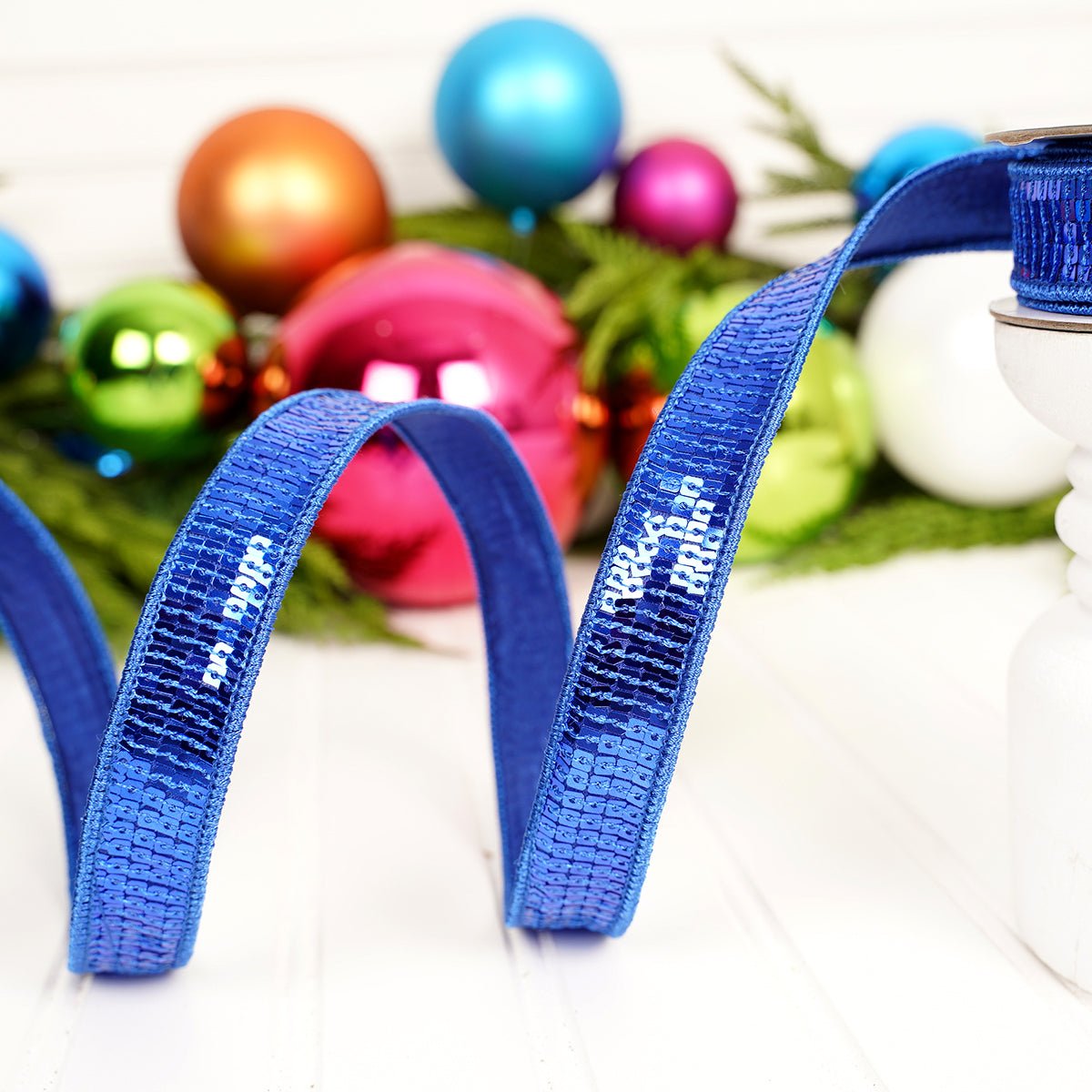 Blue Sequin Wired Edge Ribbon - Christmas Place