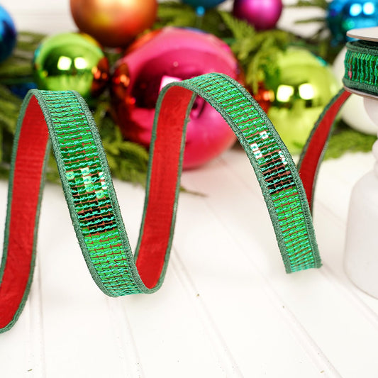 Green Sequin Wired Edge Ribbon - Christmas Place