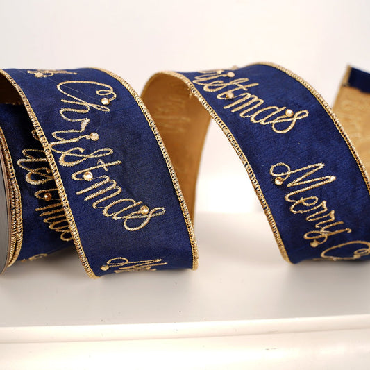 Navy Gold Jewel Merry Christmas Ribbon - Christmas Place