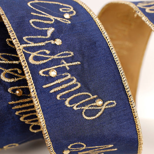 Navy Gold Jewel Merry Christmas Ribbon - Christmas Place