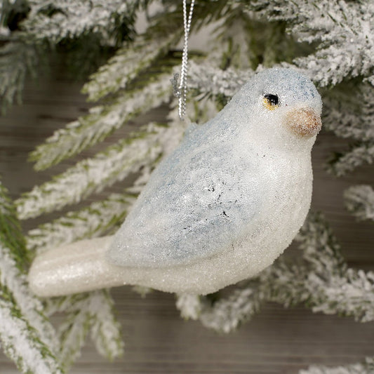 5IN GLASS BLUE WHITE BIRD ORN - Christmas Place