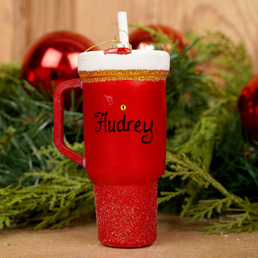 Free Personalization Glass Red Tumbler Christmas Ornament - Christmas Place