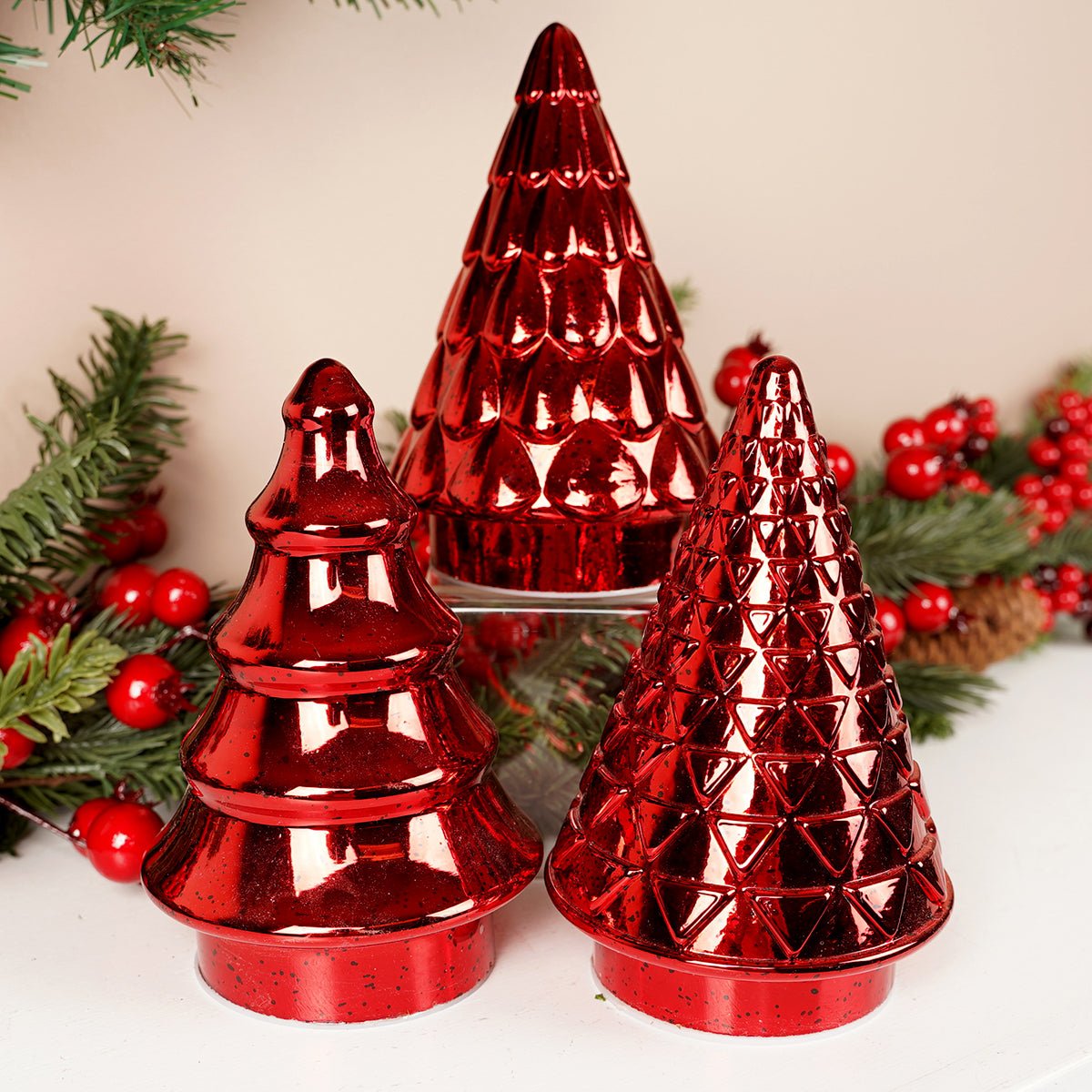 Lighted Red Glass Trees With Timer Set Of 3 - Christmas Place