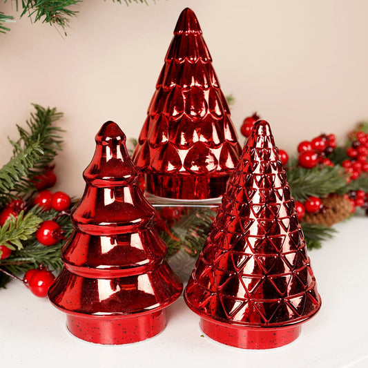 Lighted Red Glass Trees With Timer Set Of 3 - Christmas Place