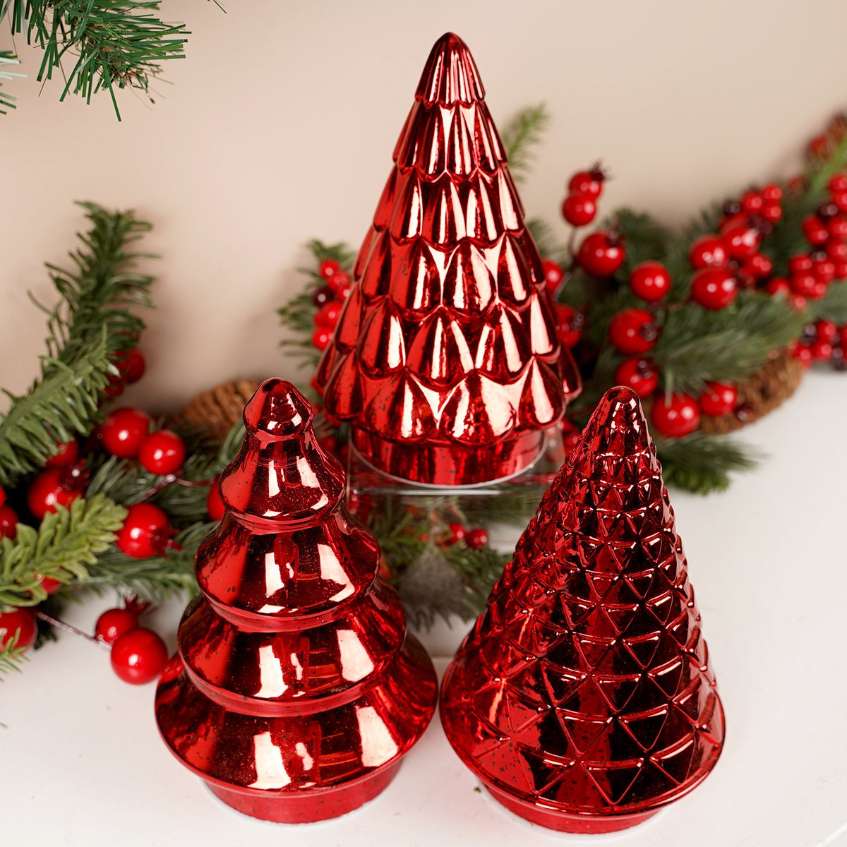Lighted Red Glass Trees With Timer Set Of 3 - Christmas Place