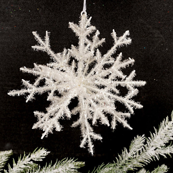 7Inch Tinsel White Snowflake Ornament - Christmas Place