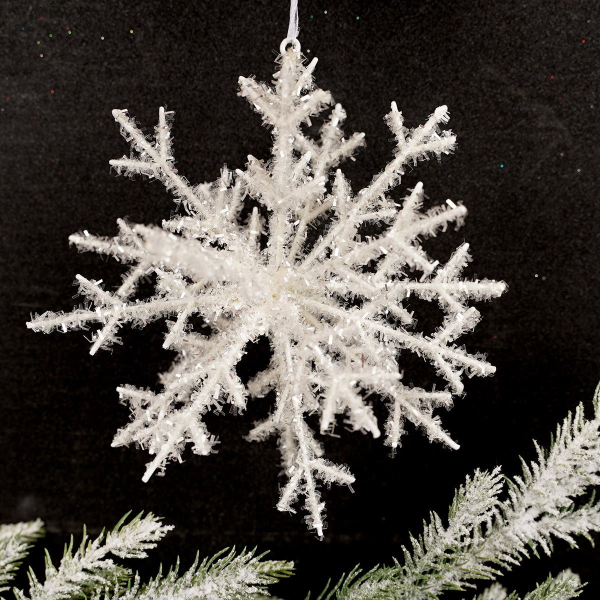 7Inch Tinsel White Snowflake Ornament - Christmas Place