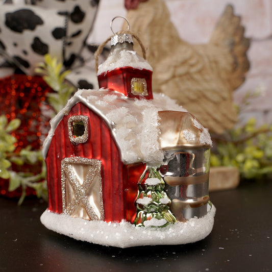 4.75IN GLASS RED BARN ORN - Christmas Place