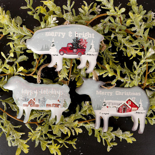Tin Snow Scene Animal Ornament - Christmas Place