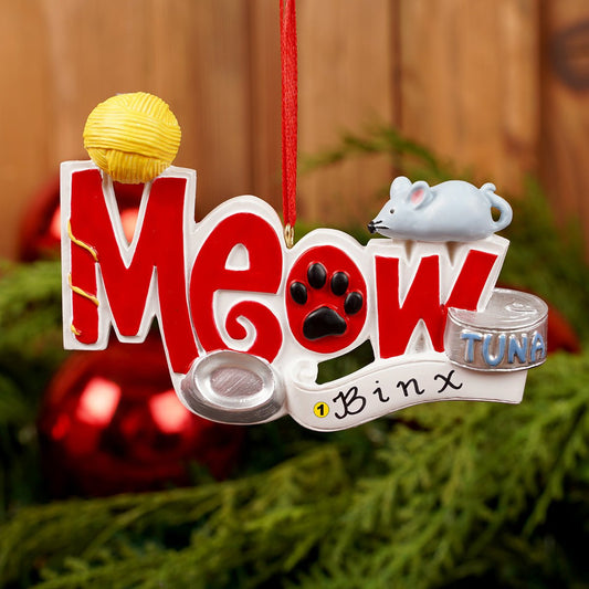 Free Personalization Meow Cat Ornament with Mouse and Yarn - Christmas Place