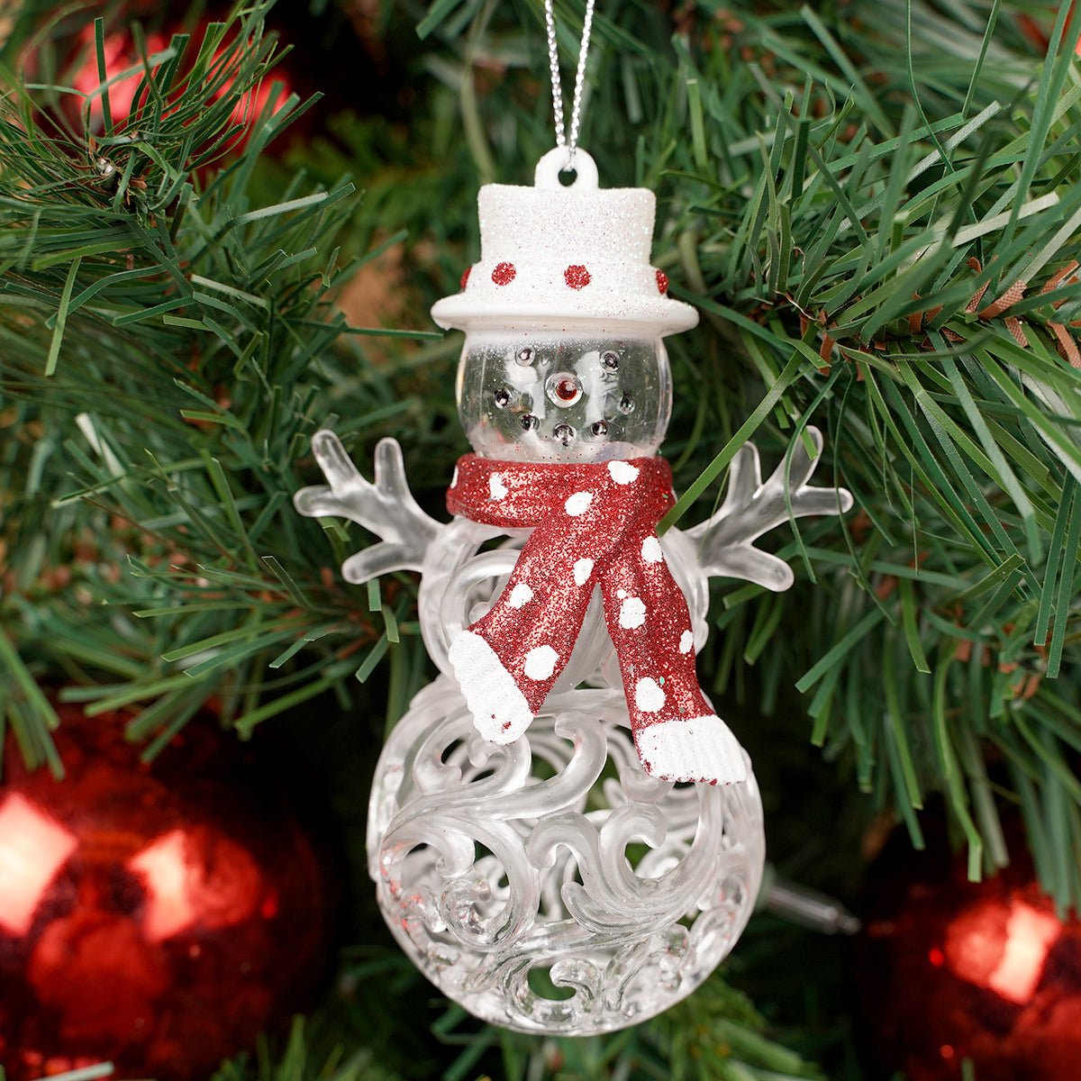 4IN WHITE SNOWMAN RED SCARF ORN - Christmas Place