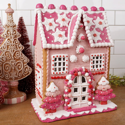 13in Lighted Pink Gingerbread House - Christmas Place