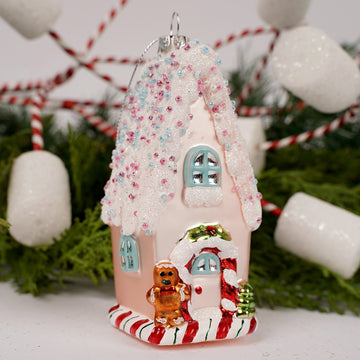 Glass Pink Candy House Ornament