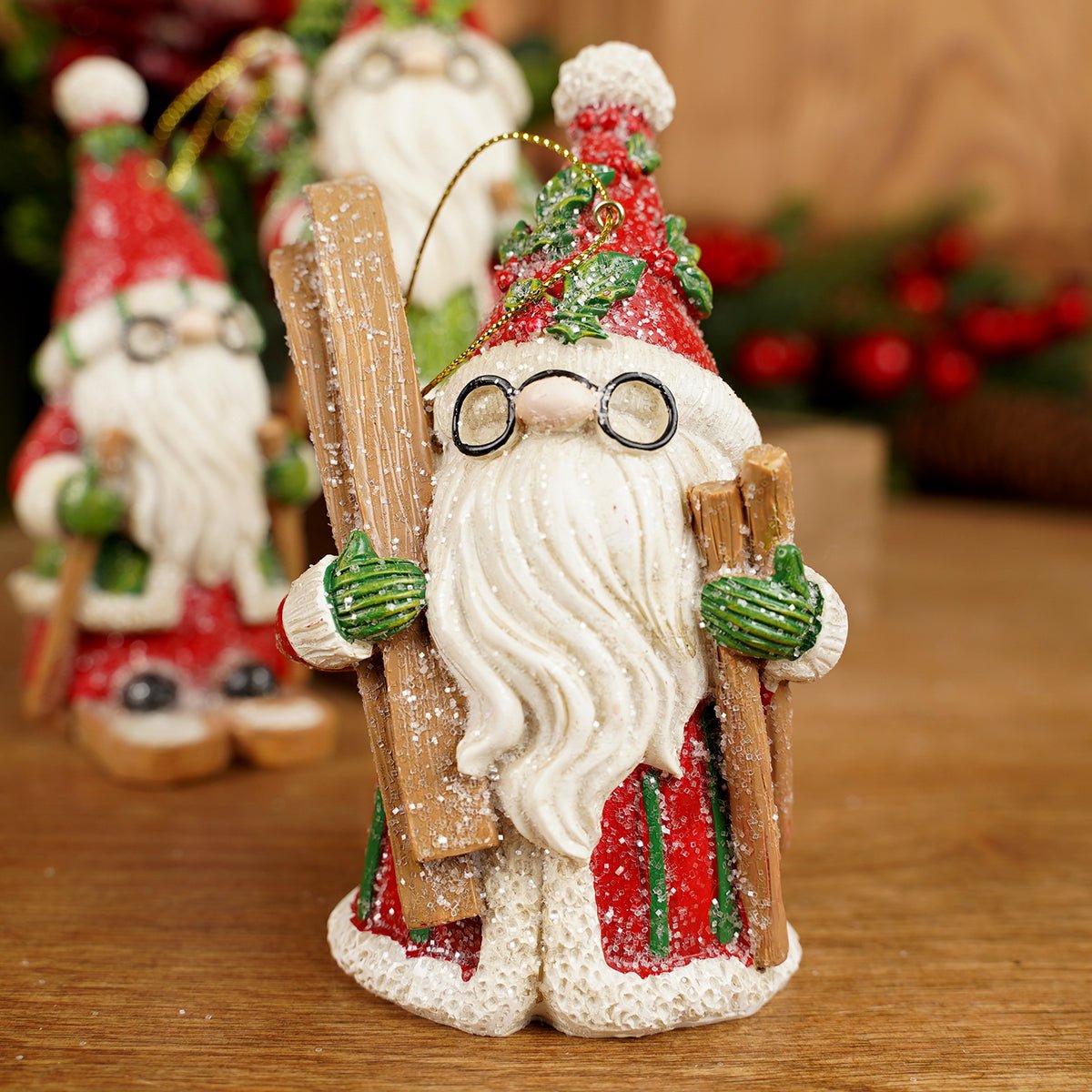 3 Styles Available Skiing Santa Gnome Ornaments - Christmas Place