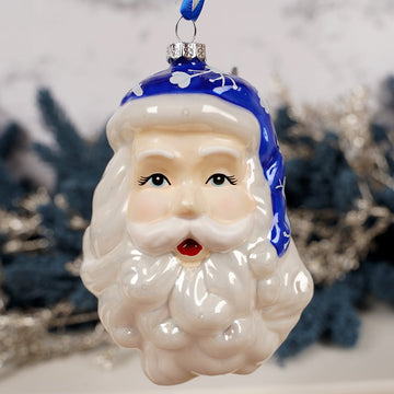 Glass Blue Santa Head Ornament - Christmas Place