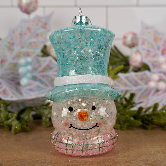 Glass Light Blue Top Hat Snowman Ornament