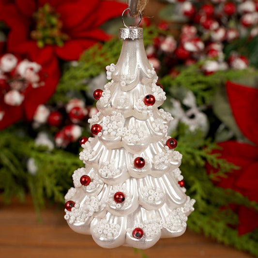 Glass White Tree With Red Berries Ornament - Christmas Place