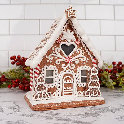 8.5Inch Lit Brown White Gingerbread House - Christmas Place