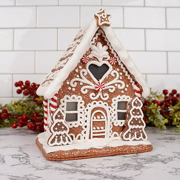 8.5Inch Lit Brown White Gingerbread House - Christmas Place