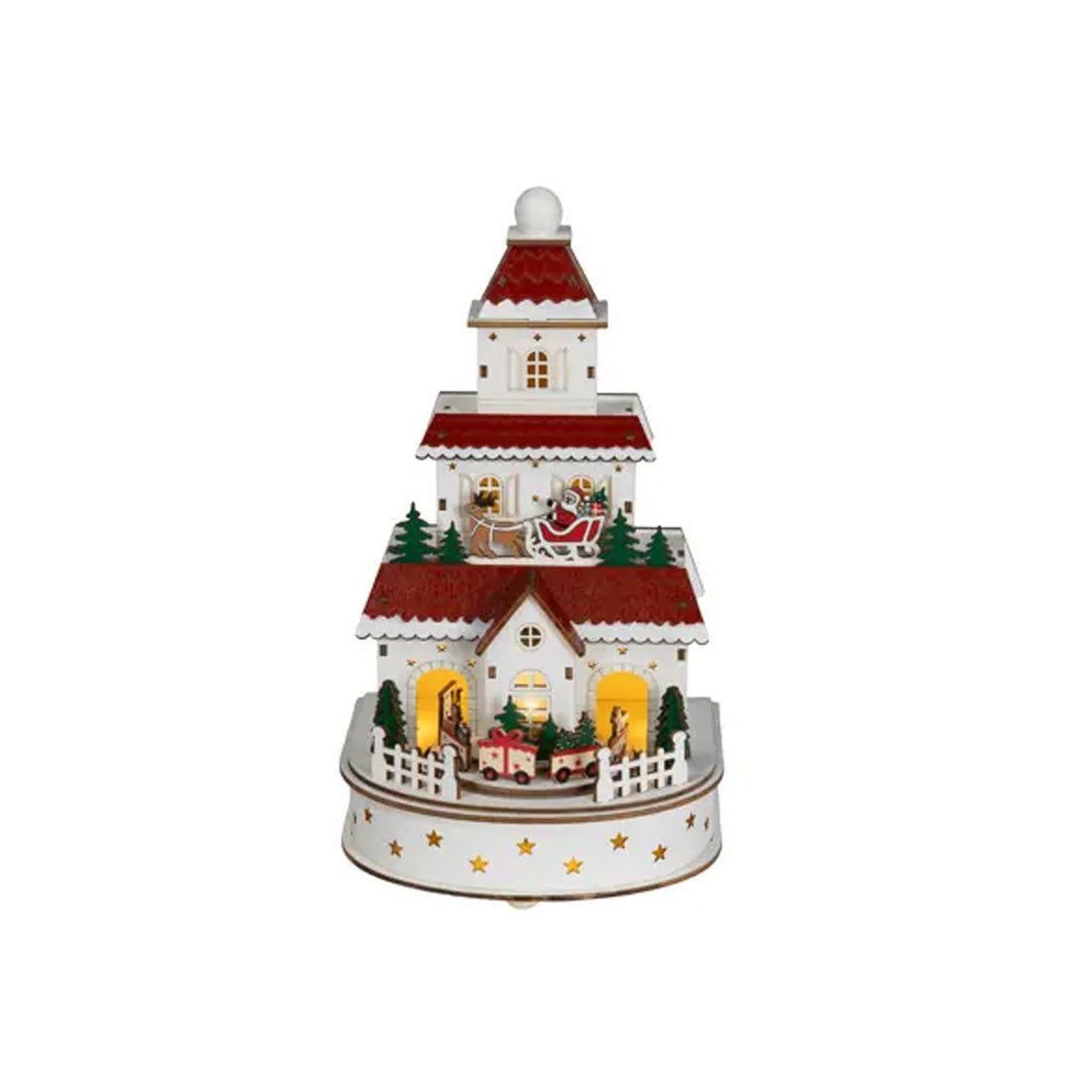 LED Wood White And Red House Scene - Christmas Place