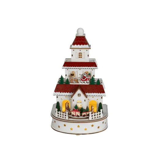 LED Wood White And Red House Scene - Christmas Place