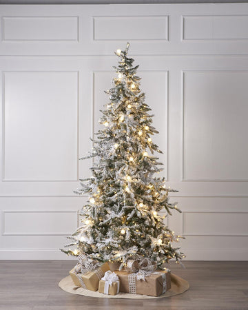 7.5ft Snowy Flocked Slim Balsam Pine with G40 and LED Lights