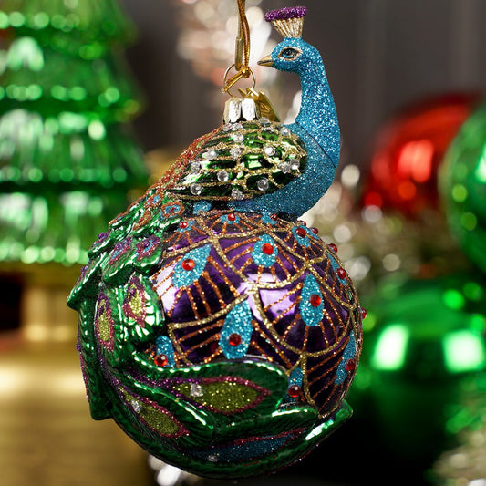 Peacock Glass Ball Ornament - Christmas Place