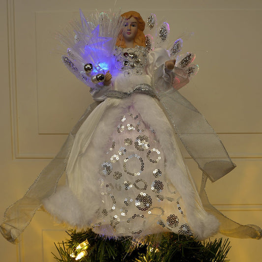 White and Silver Angel LED Tree Topper - Christmas Place