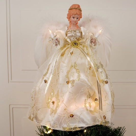 Ivory and Gold Angel Lighted Tree Topper - Christmas Place