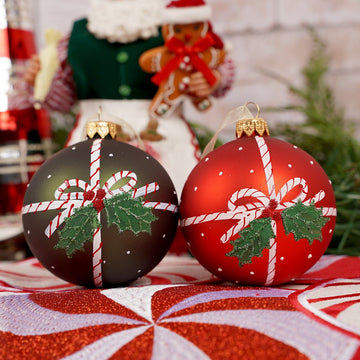 Glass Red Green Holly Bow Ball Ornament - Christmas Place