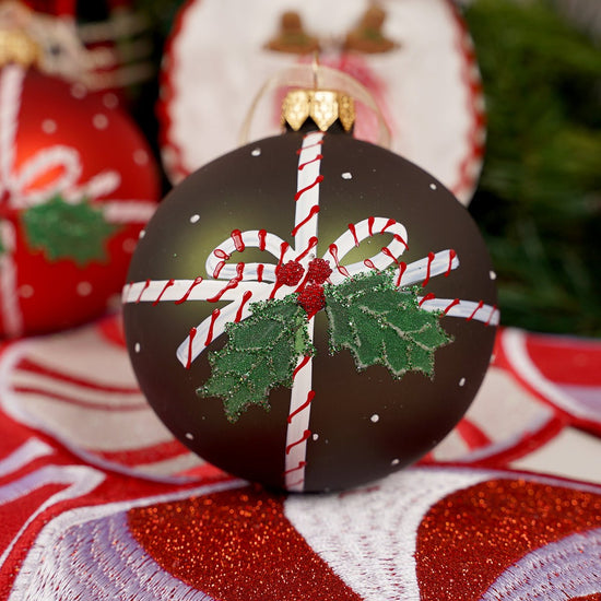 Glass Red Green Holly Bow Ball Ornament - Christmas Place