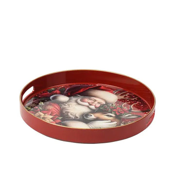 Santa With Reindeer Round Serving Tray - Christmas Place