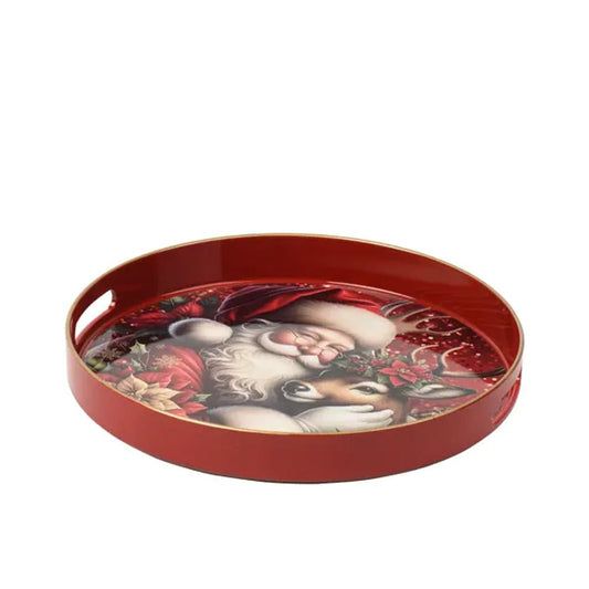 Santa With Reindeer Round Serving Tray - Christmas Place