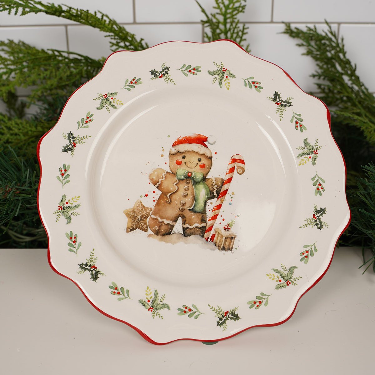 Gingerbread Man Holly Breakfast Plate - Christmas Place