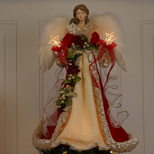 Red and Ivory Angel Lighted Tree Topper - Christmas Place